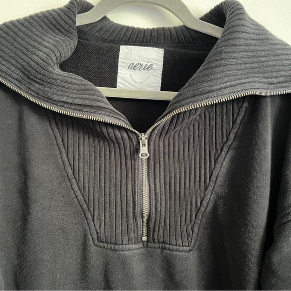 Aerie Down to Earth Soft Black Cotton Ribbed Quarter Zip Pullover Sweatshirt M - Picture 4 of 11